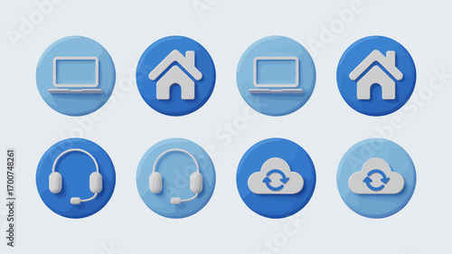 Icon Set of Home Office and Cloud Computing Concepts in Pastel Blue Tones Perfect for Remote Work Initiatives