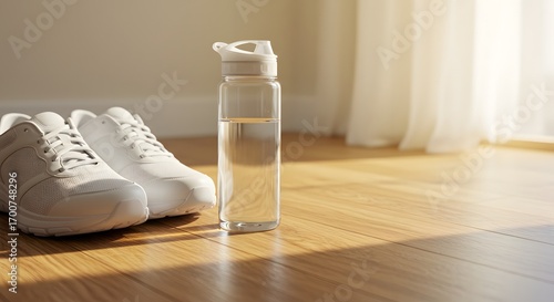 Wallpaper Mural Minimal fitness scene with running shoes and water bottle placed on wooden floor in natural light Torontodigital.ca