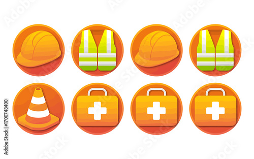 Construction safety equipment vector icons set including hard hats safety vests traffic cone and first aid kits for workers protection