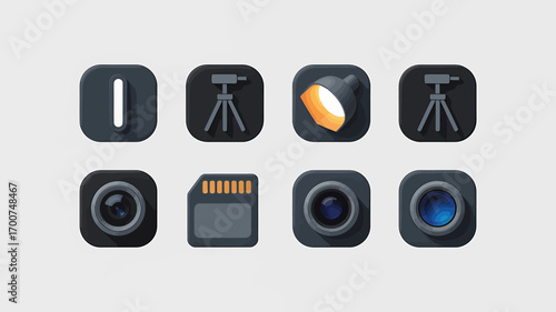 Digital Photography Equipment Icons Arranged Neatly with Camera Lens Tripod Memory Card and Studio Light for Online Courses and Educational Materials