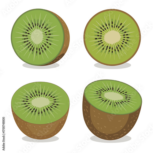 Fresh Kiwi Fruit Cross Sections with Seeds and Green Flesh on a White Background Delicious and Healthy Food Illustration