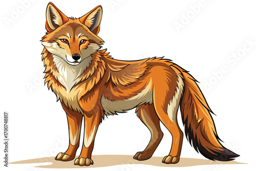 Illustration of a Striking Coyote Standing Proudly with Fluffy Orange Fur and White Accents Underneath a Neutral Lighting