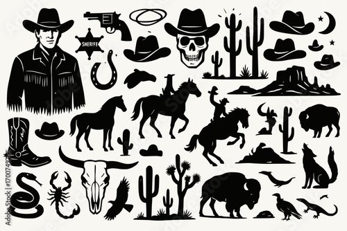 Wild West cowboy silhouettes collection with desert, horses, buffalo, and western elements