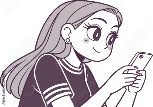 Anime-style vector illustration of a young woman with long straight hair holding a smartphone.