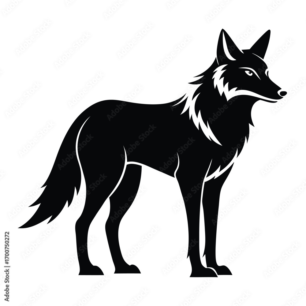 Fototapeta premium Majestic Black Silhouette of a Standing Wolf: A Striking Wildlife Illustration with Sharp Details and Elegant Lines