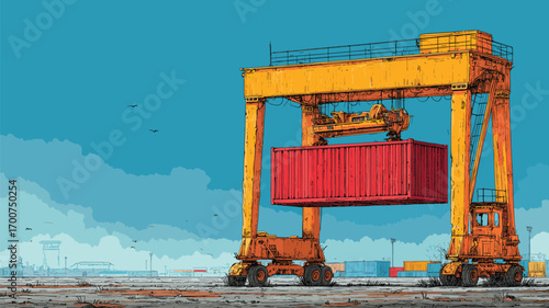 Massive gantry crane moving red container at seaport under bright blue sky with industrial harbor in background for global trade advertising.

