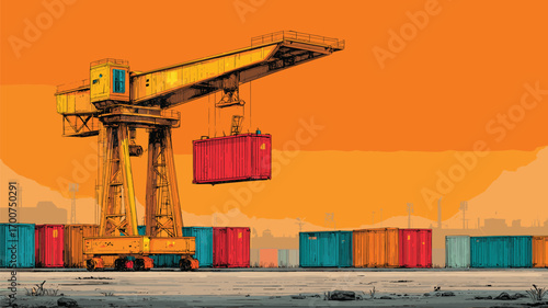 Large industrial crane lifting red cargo container in shipping yard with colorful containers and vivid orange sky for logistics marketing visuals.


