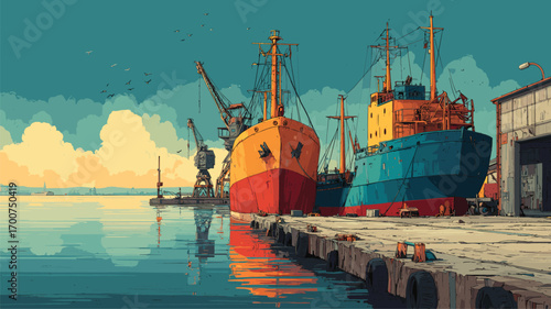 Cargo ships docked at industrial harbor with cranes in background reflecting in calm blue water under vibrant sky for maritime trade promotions.

