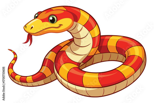 Cartoon Snake with Red and Yellow Stripes Coiled on a White Background a Vibrant and Playful Reptilian Illustration
