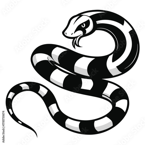 Stylized Black and White Snake with Raised Head Ready to Strike Depicted on a Plain White Background for Easy Use