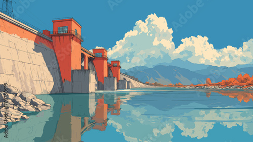 Hydroelectric dam with red and gray structures reflecting in calm blue water against mountainous background and puffy clouds for environmental campaigns.

