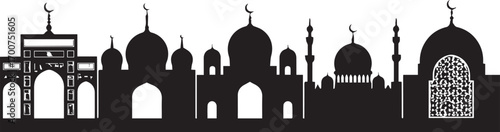 Set of black mosque silhouettes with domes and minarets for Islamic architecture design projects.