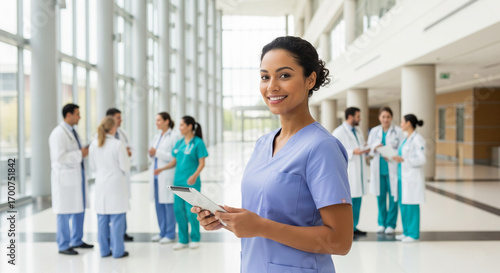 Smiling Doctor Leading Diverse Medical Team in Modern Hospital Corridor for healthcare marketing, hospital website banner, medical team brochure, trust and care campaign, professional doctor portrait