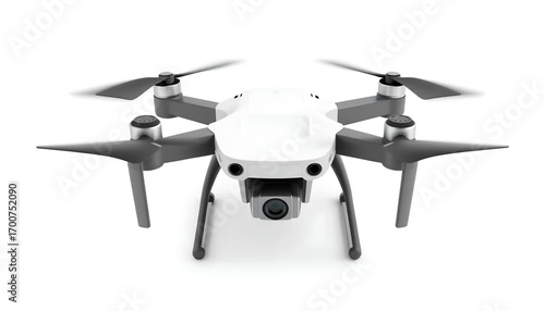 A front view of a white and gray drone with propellers on a white background in a studio setting