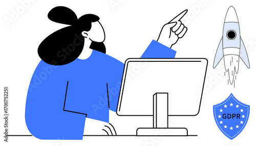 Woman at desk pointing toward sky, monitor in front, GDPR shield and rocket symbolizing privacy, technology, progress. Ideal for tech, data security, innovation, compliance progress startups