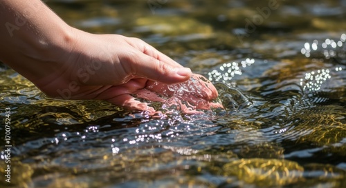 A gentle hand touches a small frog in a clear, shallow stream, with sunlight reflecting on the waters surface