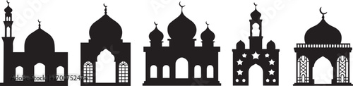Set of black mosque silhouettes with domes and minarets for Islamic architecture design projects.