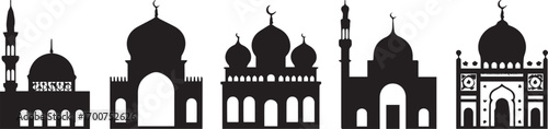 Set of black mosque silhouettes with domes and minarets for Islamic architecture design projects.