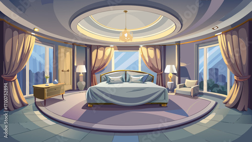 Very beautiful panoramic 360 panorama view of a minimalist luxury bedroom, with a cream upholstered bed, soft gray walls, sheer curtains, and subtle lighting, exuding tranquility, elegance, and modern