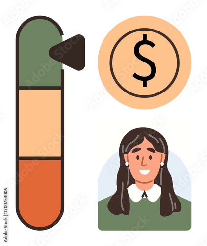 Progress bar with arrow indicator, money coin symbol, woman representing professional growth and finance. Ideal for personal finance, career success, business goals, budgeting, savings, financial