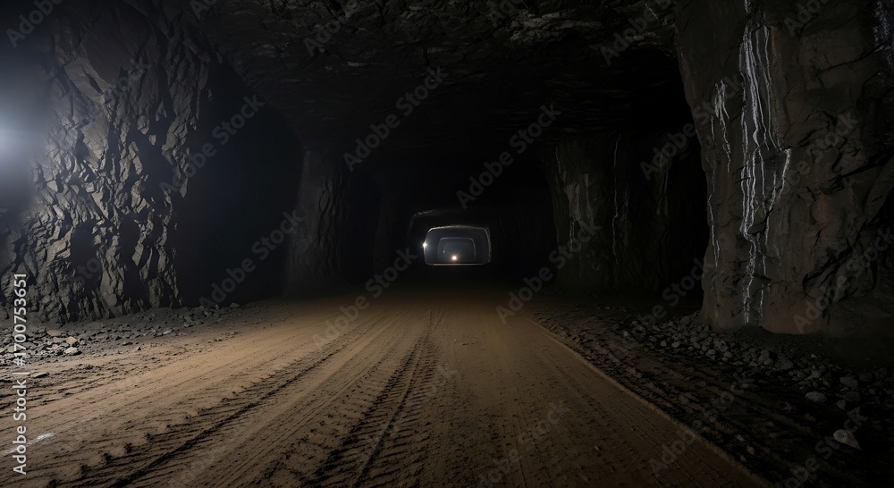 Obraz premium Dark & Mysterious Mine Tunnel Stock Photo: Deep Underground Road Leading to Light.