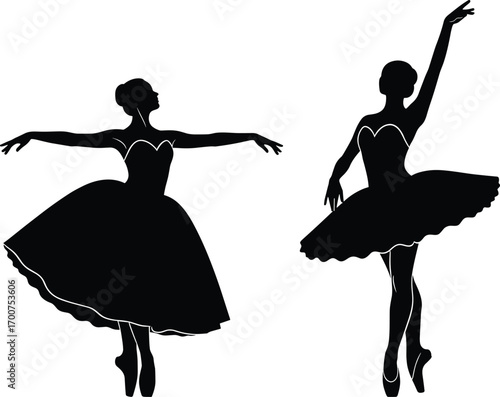 Two ballerina silhouettes in elegant dance poses, wearing tutus and pointe shoes, graceful movement, classical ballet, expressive posture, white background