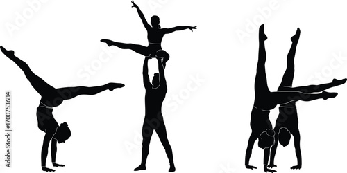 Silhouettes of acrobats performing handstands and lifts, showcasing strength, balance, coordination, teamwork, flexibility, black and white, athletic motion