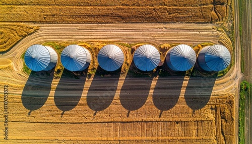 Silo row on a farm field from above. Aerial view of agricultural grain storage buildings with long shadows at sunset.