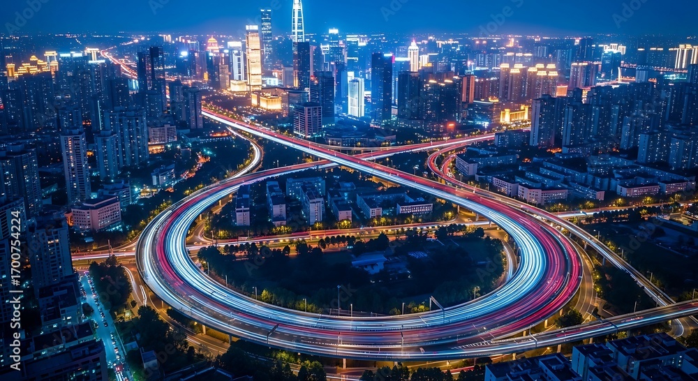 Fototapeta premium Night View of Modern City Skyline with Complex Highway Interchange and Light Trails.