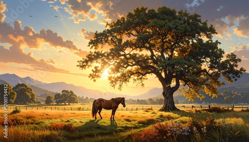 Fototapeta A serene, golden hour landscape, featuring a majestic oak tree shading two horses in a vast pasture, bathed in the soft light of a sunrise