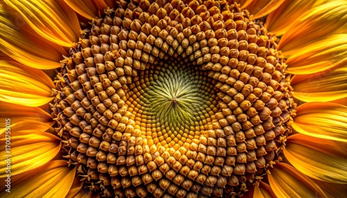 Sunflower macro of the intricate Fibonacci spiral pattern in the center of the flower head.