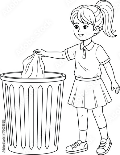 Girl throwing trash, black and white line art, waste disposal, cleanliness awareness, environmental responsibility, cartoon sketch, proper garbage behavior