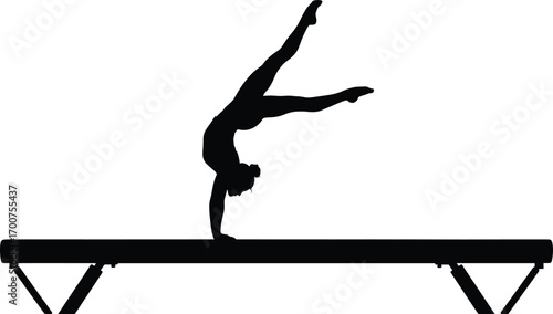Silhouette of gymnast performing handstand on balance beam, split leg pose, strength, flexibility, control, athletic skill, black and white