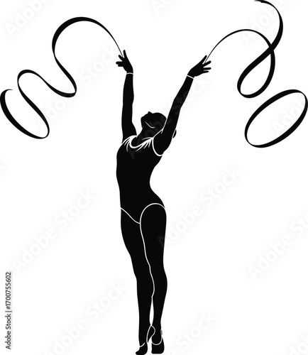 Silhouette of rhythmic gymnast performing with swirling ribbons, standing on tiptoe, graceful pose, flexibility, elegance, motion, black and white