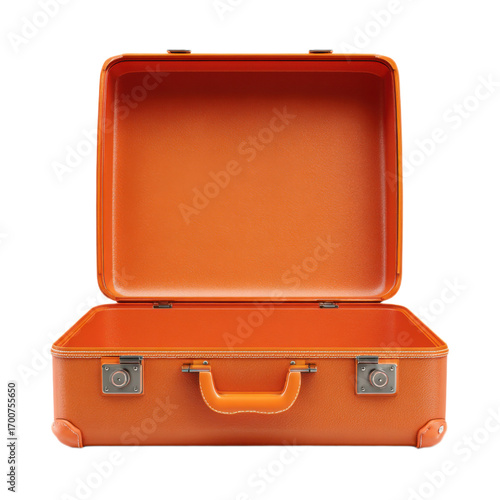 An orange suitcase is open and empty