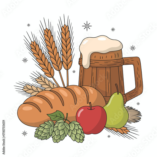 Vector illustration of rustic beer mug bread hops apple and pear for oktoberfest celebrations white background