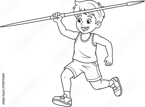 Child athlete throwing javelin, energetic sports moment, youth track and field, outdoor competition, dynamic action pose, black and white illustration
