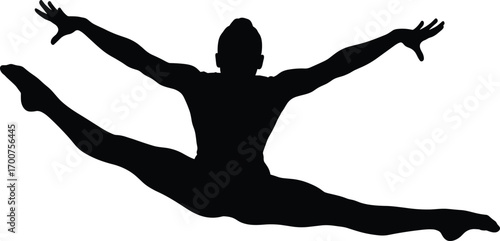 Silhouette of male athlete jump, split leap, dynamic pose, flexibility, ballet movement, white background, vector illustration, airborne, strength