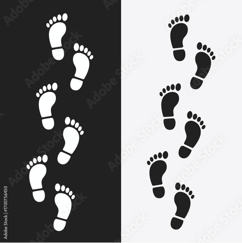Footprints Graphic Contrasting Footprints on Black and White Backgrounds Illustrating Movement and Direction