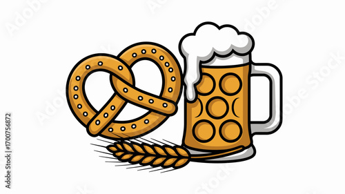 Oktoberfest beer mug pretzel wheat ears festive german celebration vector illustration scalable white background