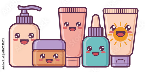 Cute kawaii skincare products collection vector illustration scalable eps white background