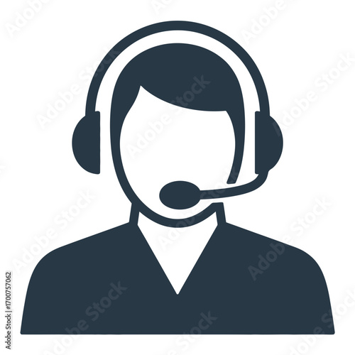 Vector silhouette of a customer service operator with headphones and microphone icon white background