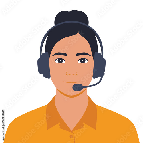 Vector illustration of a friendly female customer service representative with headset and microphone white background