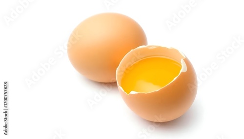 A whole egg and a cracked egg with the yolk visible on a white background in bright light