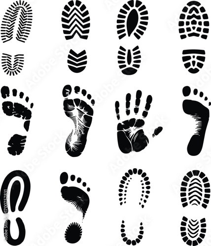 A diverse graphic set of black imprints showing various shoe sole patterns and bare human feet and hand prints