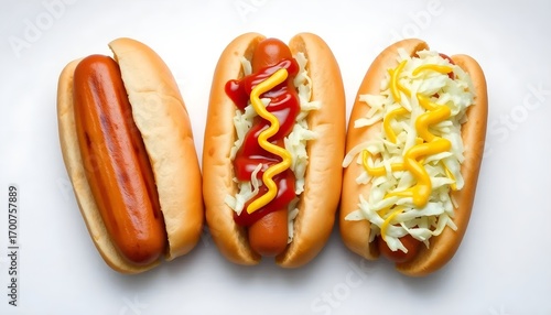 Three hot dogs with different toppings on a white background, showcasing variety and deliciousness