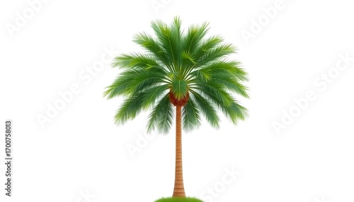 A single palm tree with green fronds and a brown trunk against a white background in a studio shot