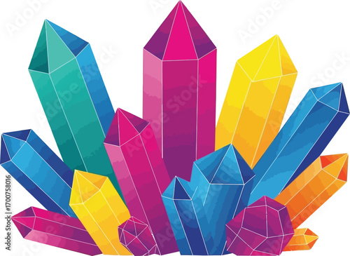 A vibrant cluster of colorful crystals, showcasing a spectrum of hues from deep blues and purples to bright yellows and pinks