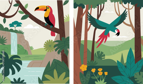 Vibrant tropical rainforest landscape with exotic birds, lush foliage, and cascading waterfall scene