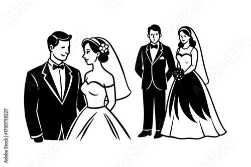 wedding couples standing together in elegant attire silhouette